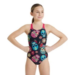 Arena Maillot Fille Crazy Skulls Carnival Freak Rose Black Multi